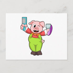 Carte Postale Cochon avec ciseaux et razor