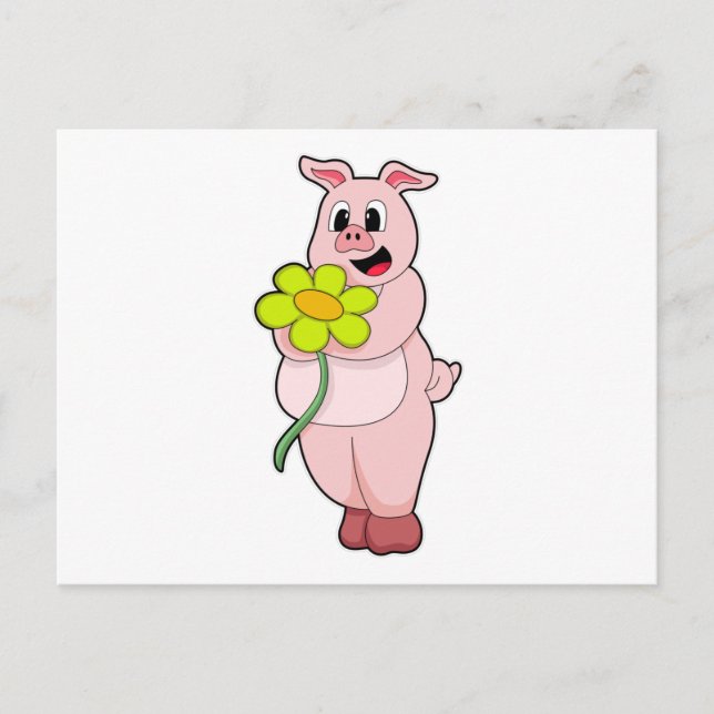 Carte Postale Cochon avec fleur jaune (Devant)