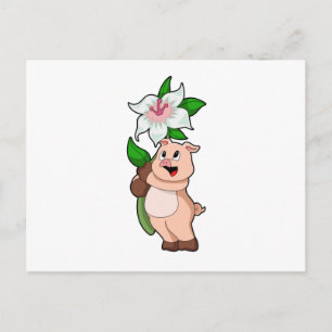 Carte Postale Cochon avec fleur Lily