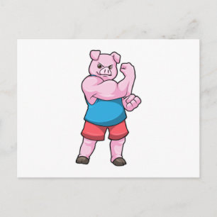 Carte Postale Cochon culturiste avec gros bras