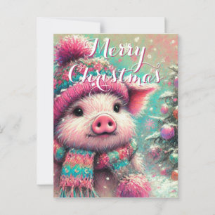 Carte Postale Cochon dans les flocons de neige à l'écharpe Noël 