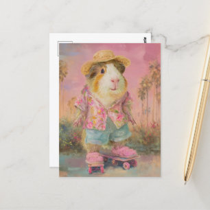 Carte Postale Cochon de Guinée drôle sur deux skateboards