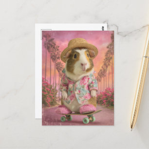 Carte Postale Cochon de Guinée drôle sur skateboard en Chaussons