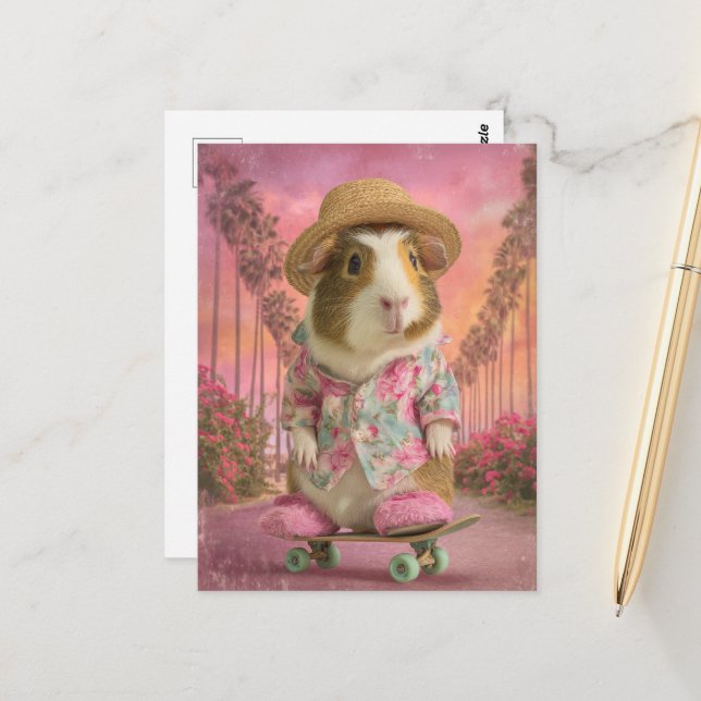 Carte Postale Cochon de Guinée drôle sur skateboard en Chaussons (Devant/Arrière en situation)