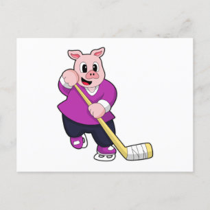 Carte Postale Cochon de hockey sur glace avec bâton de hockey su