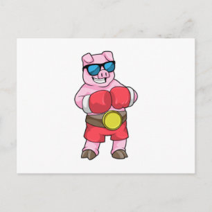 Carte Postale Cochon en boxeur avec gants de boxe