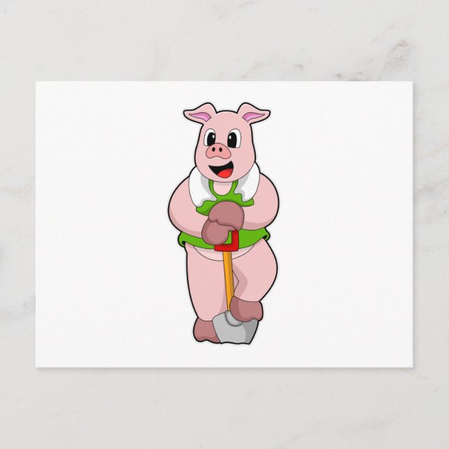 Carte Postale Cochon en fermier avec pelle (Devant)