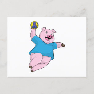 Carte Postale Cochon en joueur de handball avec ballon de handba
