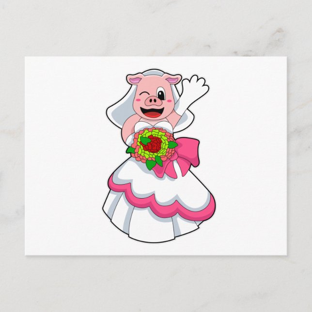 Carte Postale Cochon en robe de mariée et bouquet de fleurs (Devant)