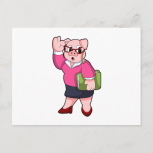 Carte Postale Cochon en secrétaire avec des lunettes
