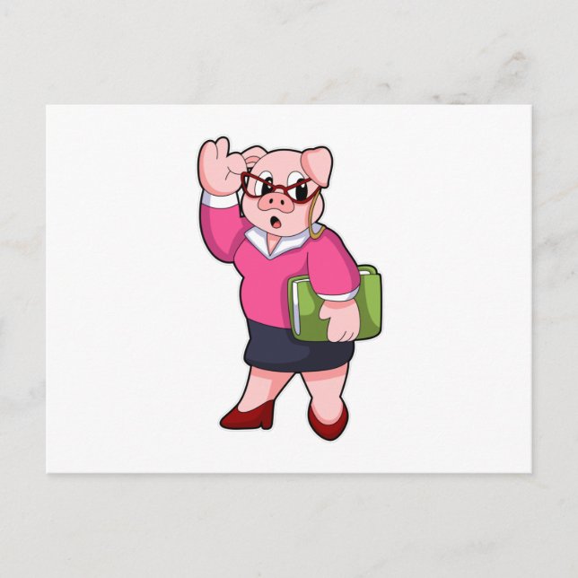 Carte Postale Cochon en secrétaire avec des lunettes (Devant)
