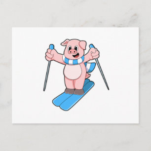Carte Postale Cochon en ski avec ski Scarf & Ski Poteaux