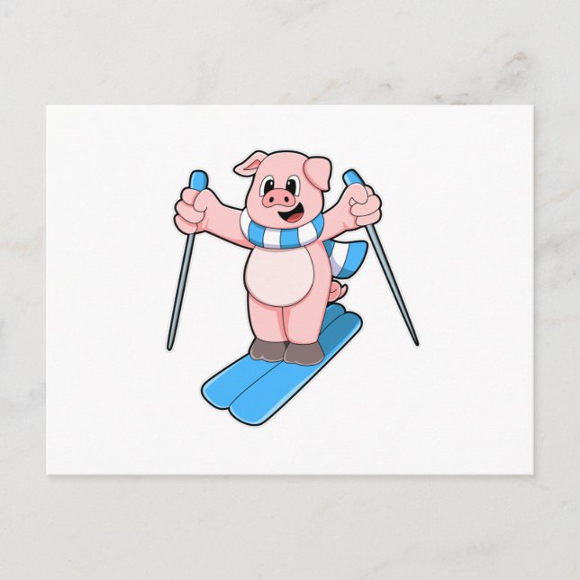 Carte Postale Cochon en skieur avec écharpe de ski et bâtons de  (Devant)