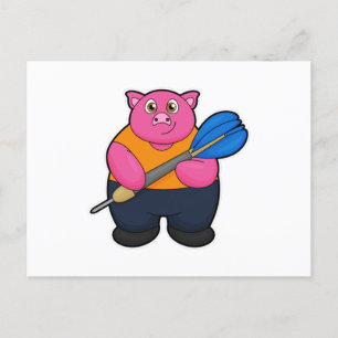 Carte Postale Cochon joueur de fléchettes avec fléchettes
