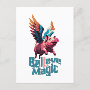 Carte Postale Cochon mignon avec ailes colorées   Croire en la m