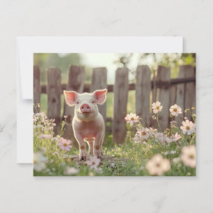 Carte Postale Cochon mignon dans le jardin fleuri
