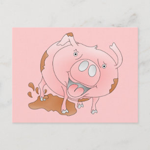 Carte Postale Cochon rose éclaboussant dans la boue