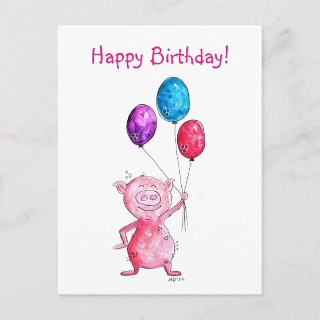 Carte Postale Cochon Rose Fantaisiste avec Ballons (Devant)