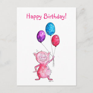 Carte Postale Cochon rose géant avec ballons