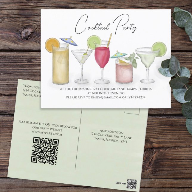 Carte Postale Cocktail Boire QR Code Partie Site Web Pré Adressé (Créateur téléchargé)