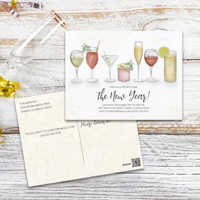 Carte Postale Cocktail de la fête du Nouvel An Boissons Aquarell (Créateur téléchargé)