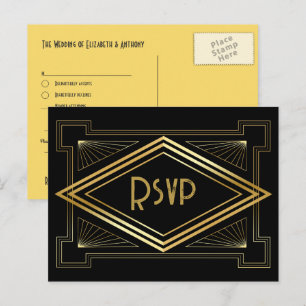 Carte Postale Code QR de réponse au mariage Art Déco noir et or
