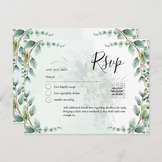 Carte Postale CODE QR RSVP Feuilles d'Eucalyptus Végétation Mari (Devant / Derrière)