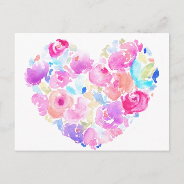 Carte Postale Coeur aquarelle. Coeur de fleurs (Devant)