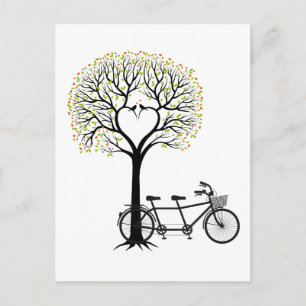 Carte Postale Coeur arbre avec oiseaux et tandem vélo