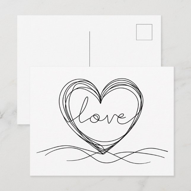 Carte Postale Coeur avec "Amour" dans Continuous Line Art (Devant / Derrière)