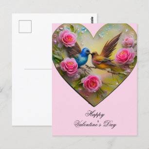 Carte Postale Cœur avec des fleurs roses et oiseaux Saint-Valent