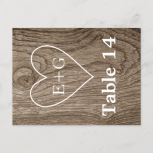 Carte Postale Coeur avec initiales sur le mariage de bois numéro