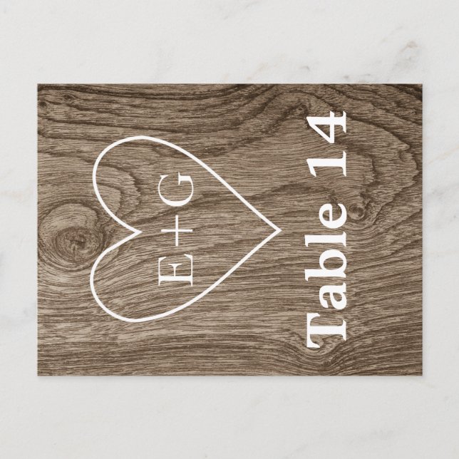 Carte Postale Coeur avec initiales sur le mariage de bois numéro (Devant)
