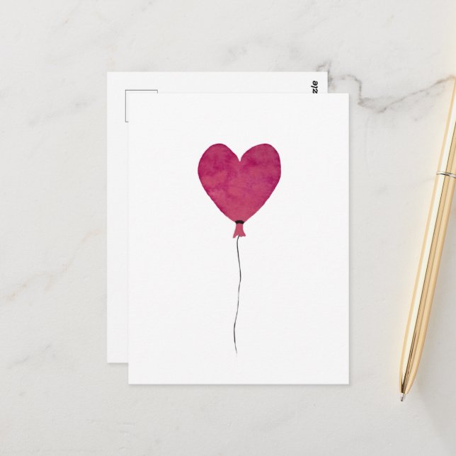 Carte Postale Cœur ballon rose esquisse aquarelle (Devant/Arrière en situation)