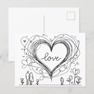 Carte Postale Coeur d'amour avec lignes tracées à la main