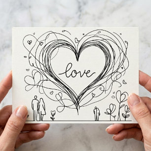 Carte Postale Coeur d'amour avec lignes tracées à la main