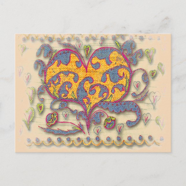 Carte Postale Coeur d'art populaire avec feuilles et fleurs (Devant)