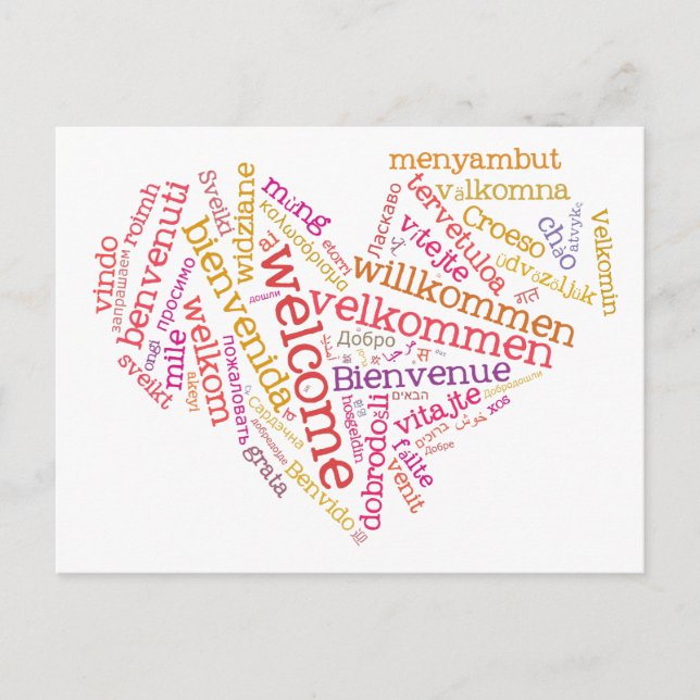 Carte postale Coeur de bienvenue (plusieurs langue (Devant)