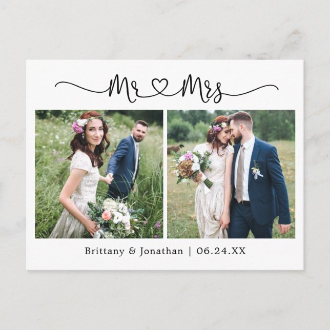 Carte Postale Cœur de calligraphie Mariage 2 Photo Merci (Devant)