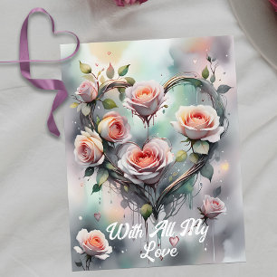 Carte Postale Cœur de Roses Roses avec Écriture Élégante