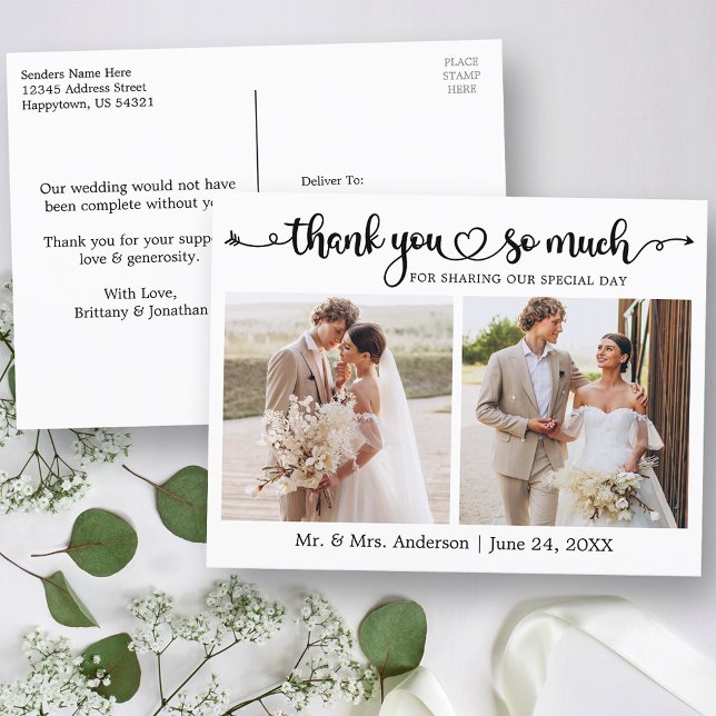 Carte Postale Cœur de script de calligraphie 2 Photo de mariage  (Customize to change your personalized text size or text style.)