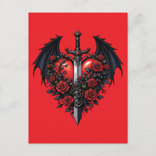Carte postale Cœur d'épée gothique avec ailes de c