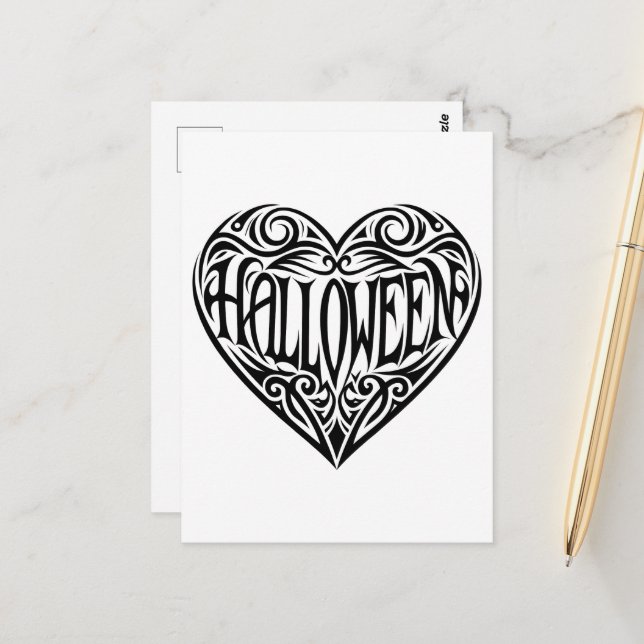 Carte Postale Cœur d'Halloween, Cœur noir, Vacances (Devant/Arrière en situation)