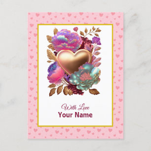 Carte Postale Cœur doré et floral romantique