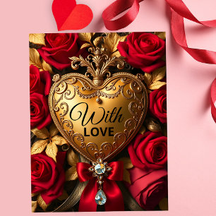 Carte Postale Cœur doré luxueux avec roses rouges et ruban