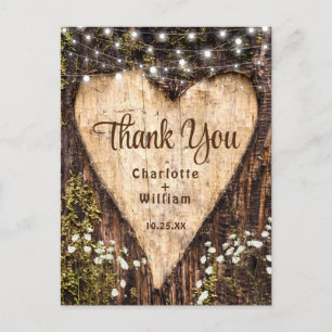 Carte Postale Coeur en écorce de bois Merci Mariage rustique