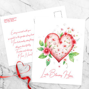 Carte Postale Coeur floral romantique aux fleurs roses et rouges