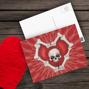 Carte Postale Coeur gothique rouge avec le crâne blanc osseux su