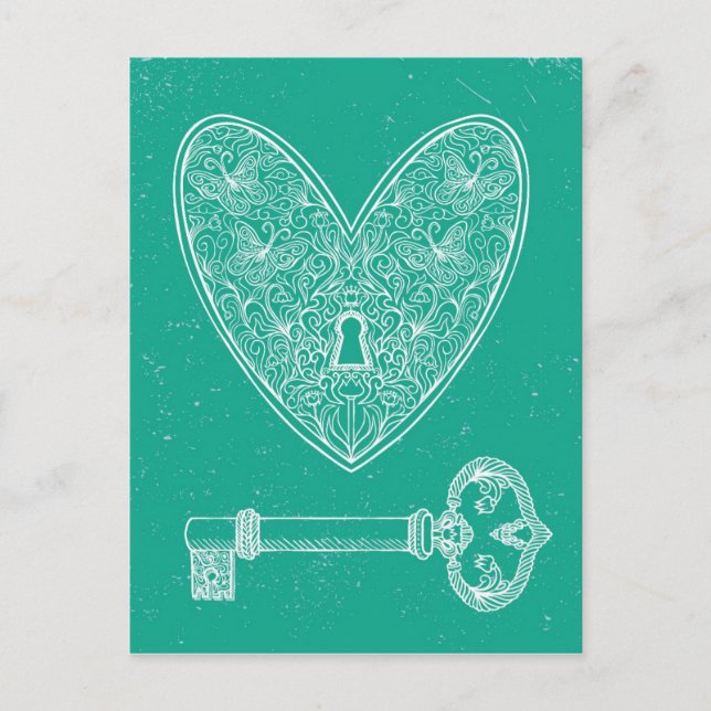 Carte Postale Coeur verrouillé et clé sur Arrière - plan vert ém (Devant)