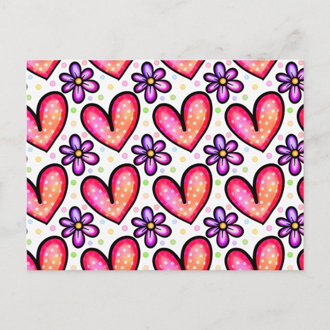 Carte Postale Cœurs aquarelles & motif de Saint-Valentin fleurs (Devant)